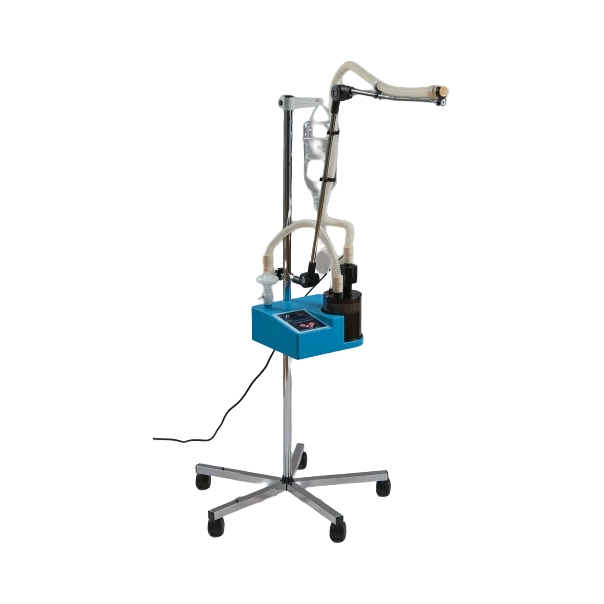 Hikoneb 906 S/LCD hospital ultrasonic nebulizer: blue unit on a wheeled stand with medication chamber and tube arm