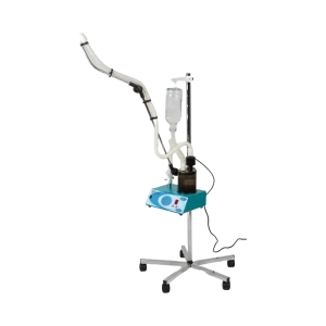 Hikoneb 908 DC hospital ultrasonic nebulizer: blue unit on a wheeled stand with chamber and long tube arm