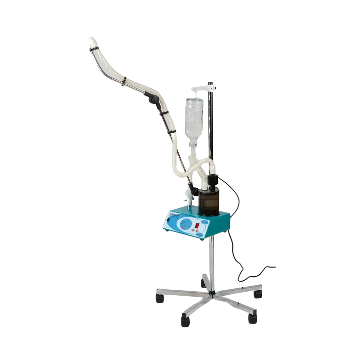 Hikoneb 908 DC hospital ultrasonic nebulizer: blue unit on a wheeled stand with chamber and long tube arm