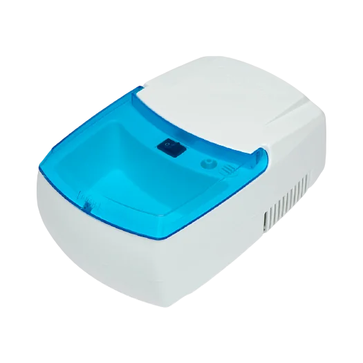Hikoneb Aerocare II compressor nebulizer: white body with a blue transparent accessory compartment lid