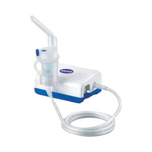 Hikoneb MCN-DS600C compressor nebulizer: white and blue body, medication cup, mouthpiece and air tube