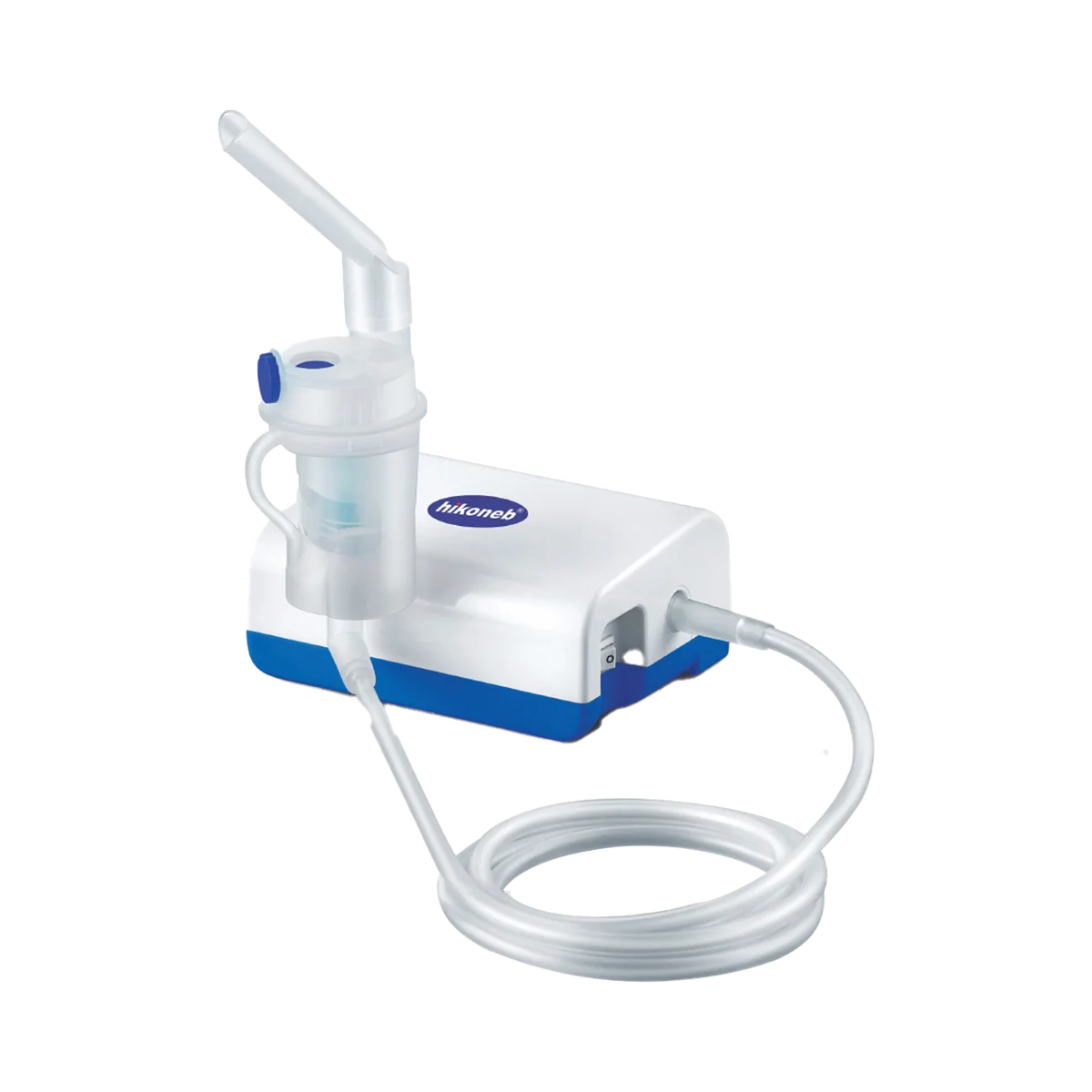 Hikoneb MCN-DS600C compressor nebulizer: white and blue body, medication cup, mouthpiece and air tube