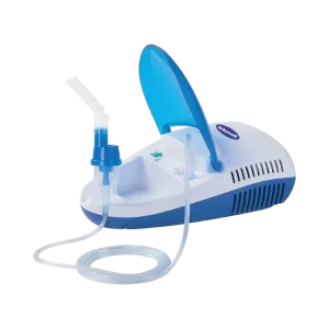 Hikoneb MCN-S600B compressor nebulizer: white and blue body with open lid, medication cup and air tube