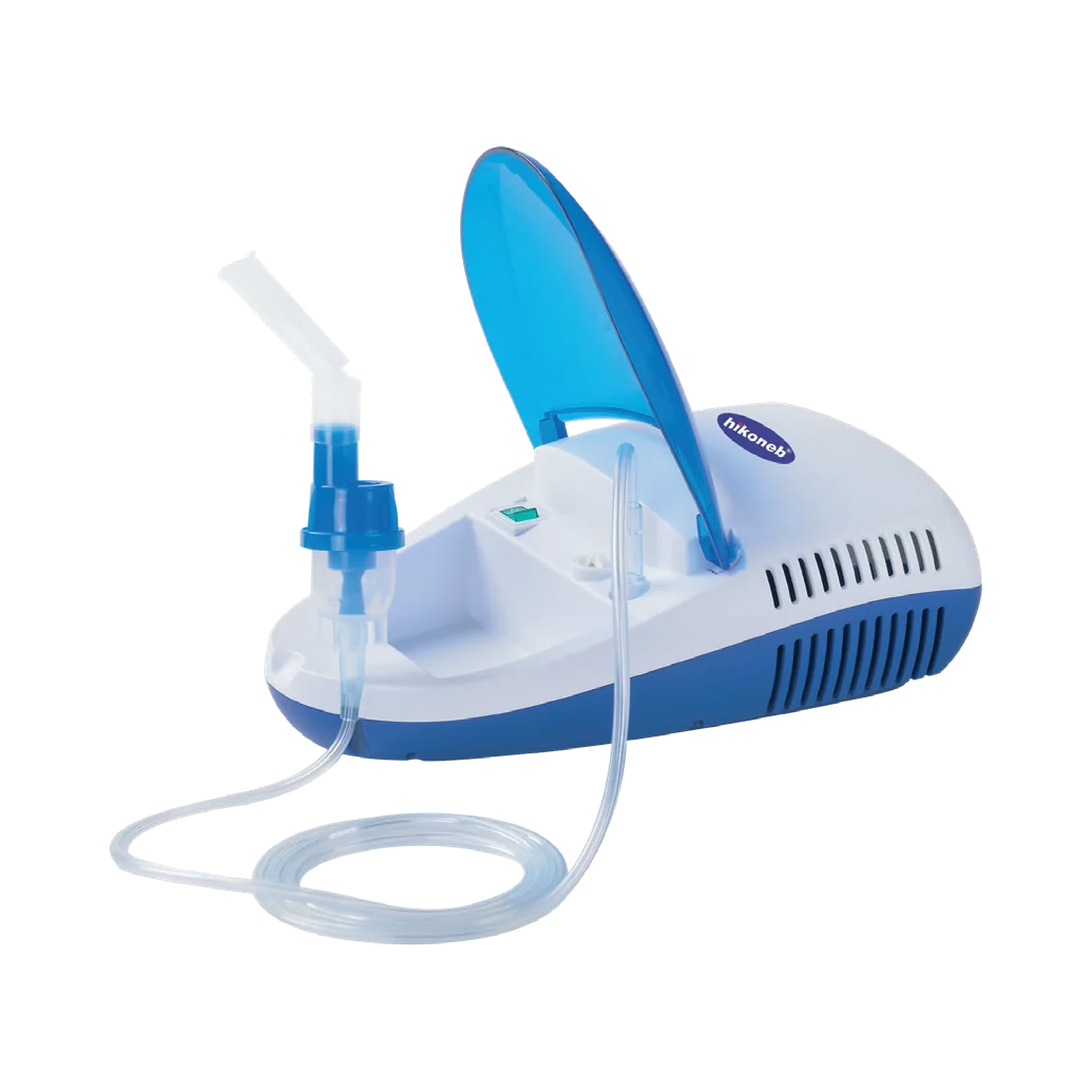 Hikoneb MCN-S600B compressor nebulizer: white and blue body with open lid, medication cup and air tube