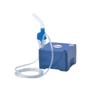 Hikoneb MCN-S600ME compressor nebulizer: navy blue box-shaped compressor, medication cup and air tube