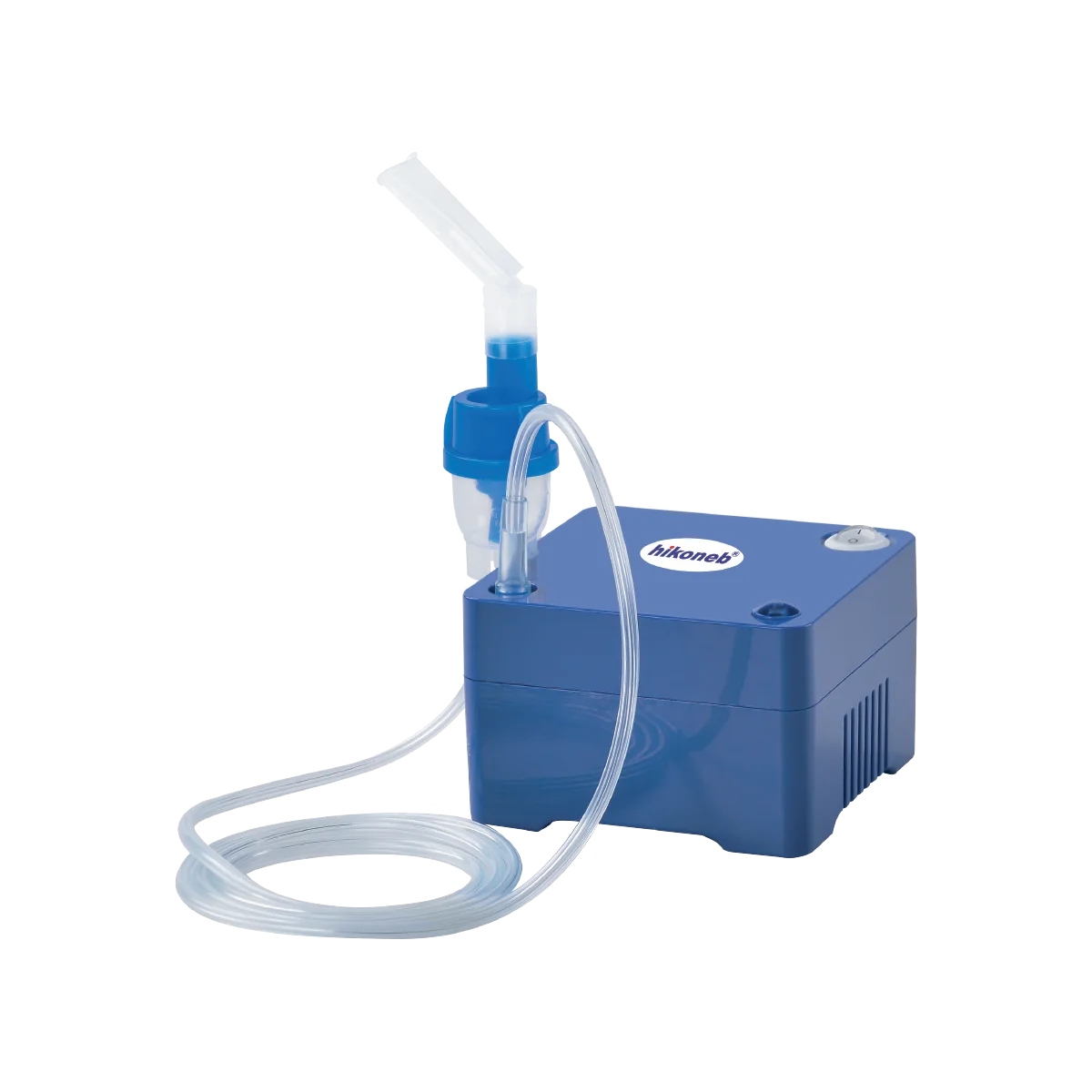 Hikoneb MCN-S600ME compressor nebulizer: navy blue box-shaped compressor, medication cup and air tube