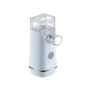 Hikoneb MESH-S600C portable nebulizer: white handheld body, transparent medication chamber and mouthpiece connector