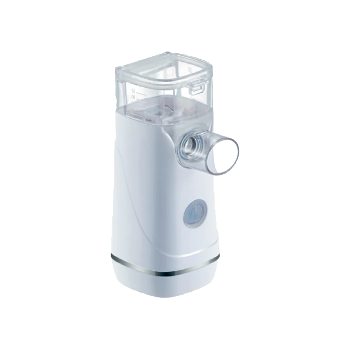 Hikoneb MESH-S600C portable nebulizer: white handheld body, transparent medication chamber and mouthpiece connector