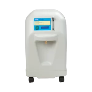 Hikoneb Oxybreath 10L oxygen concentrator: light grey body, front panel with display, flowmeter and castors