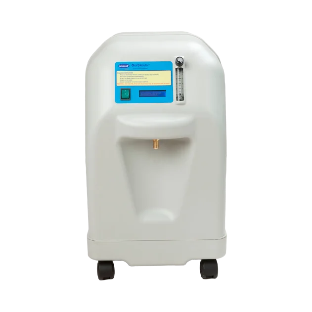 Hikoneb Oxybreath 10L oxygen concentrator: light grey body, front panel with display, flowmeter and castors