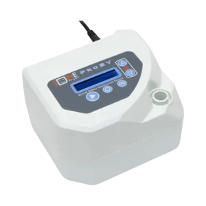 SleepOne ProSV front view: white body, control panel with blue display, buttons and power cable