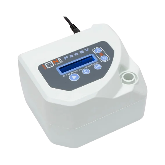 SleepOne ProSV front view: white body, control panel with blue display, buttons and power cable